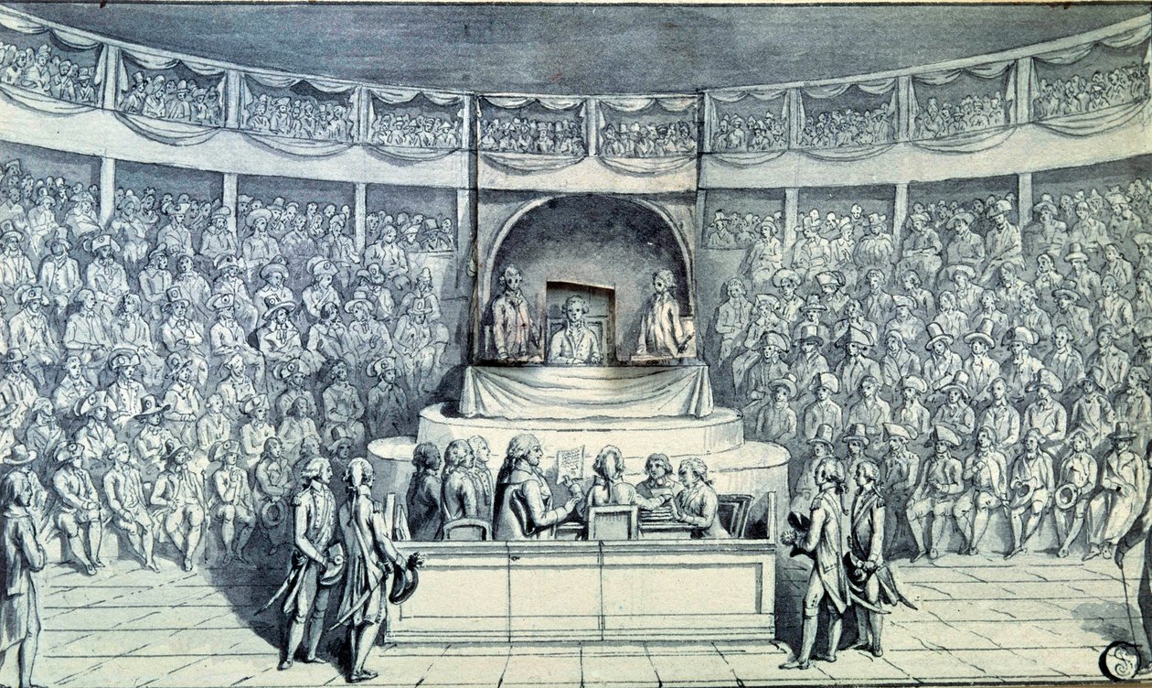 フランス革命。1793年1月21日に死刑判決を下す国民大会での裁判中、アントワーヌ・バルナヴ（1761-1793）に質問される国王ルイ16世（1754-1793）の舵取り。1793年頃の匿名のデッサン。パリ、ルーヴル美術館 作： フランス語学校