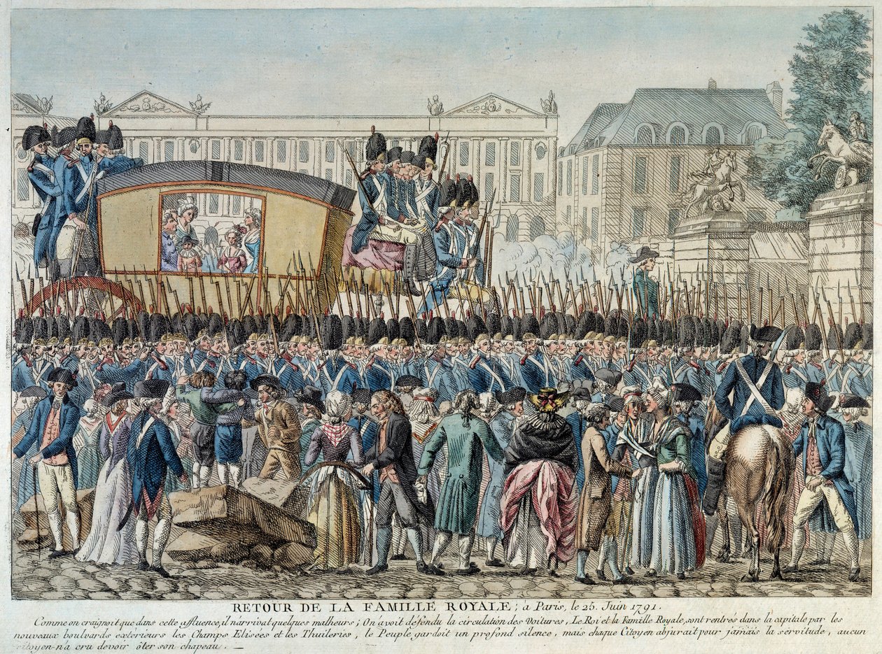 フランス革命：「1791年6月25日、王室のパリ帰還」 コンコルド広場を横切る大隊。18世紀末のフランス派のエングレーヴィング。パリ・カルナヴァレ美術館 作： フランス語学校