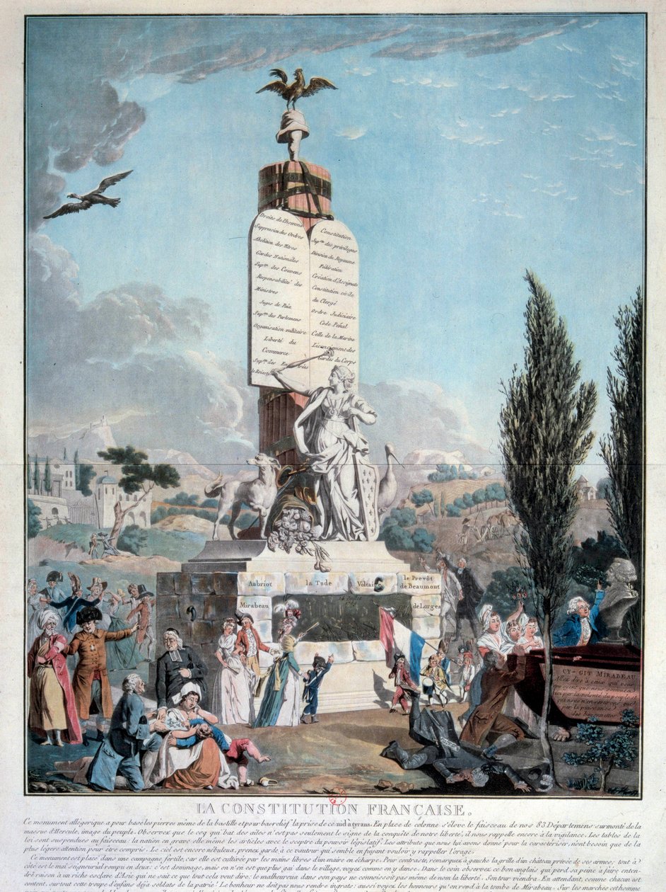 フランス革命：1791年9月のフランス憲法のアレゴリー。1791年のパリ、アーセナル図書館のエングレーヴィング 作： フランス語学校