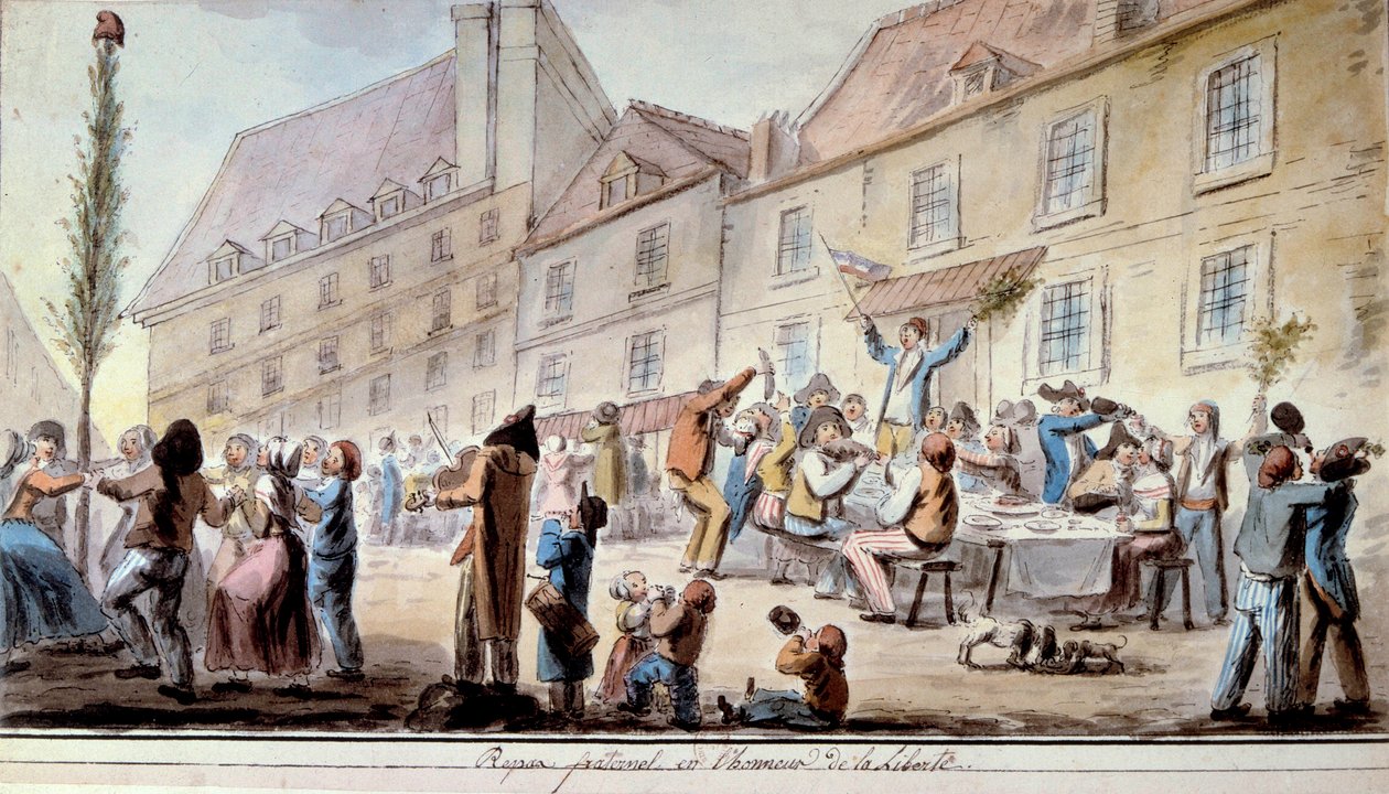 フランス革命：1793年6月、自由を讃える友愛の食事会。リベルテを祝う愛国者とパリジャンたち。自由・平等・友愛」という標語はこの時期に初めて登場した。1793年の水彩画。パリ、アーセナル図書館 作： フランス語学校
