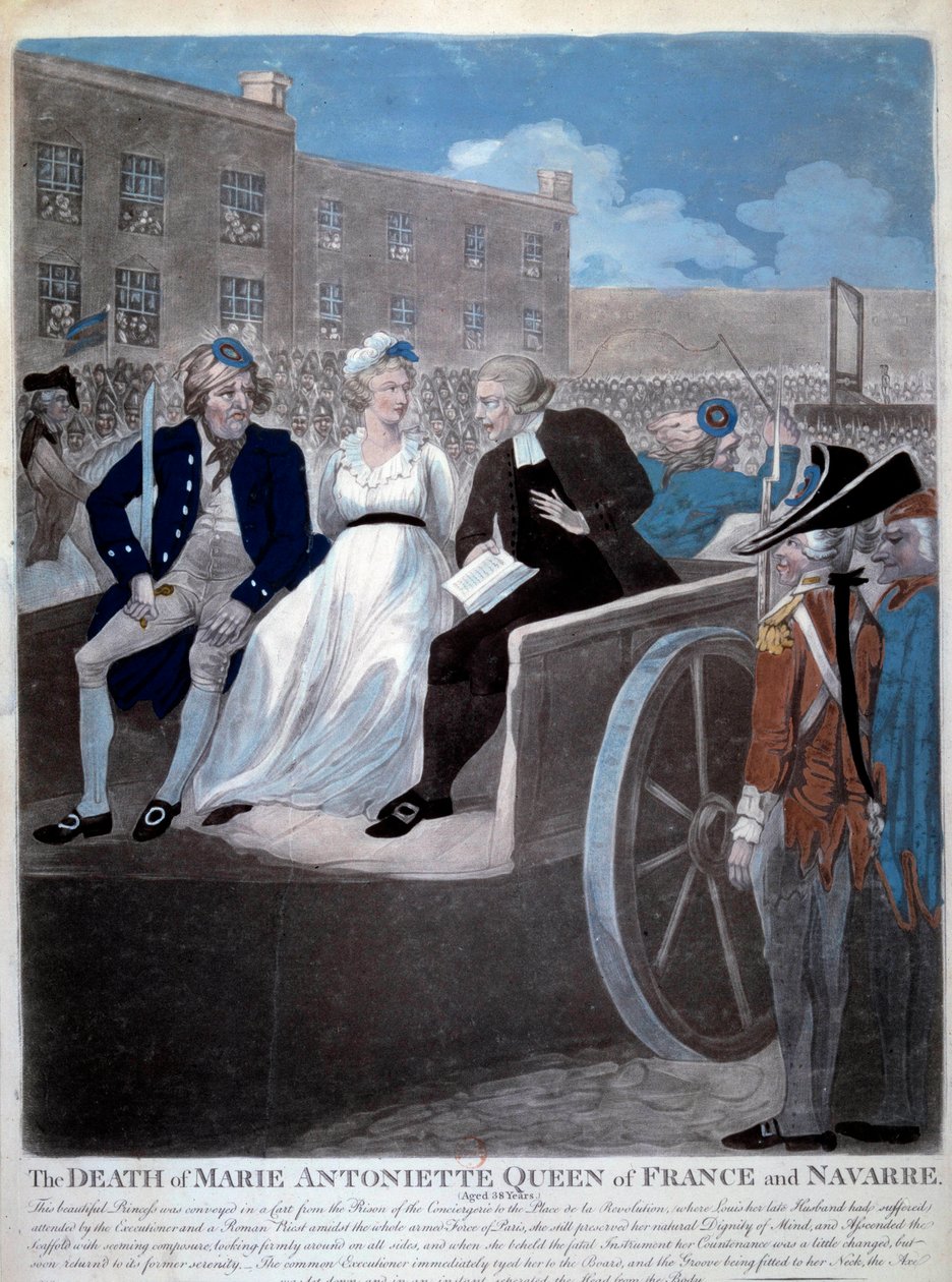 フランス革命：「ギロチンにかけられるフランス王妃マリー・アントワネット（1755-1793）。1793年のエングレーヴィング。パリ、アルセナル図書館 作： フランス語学校