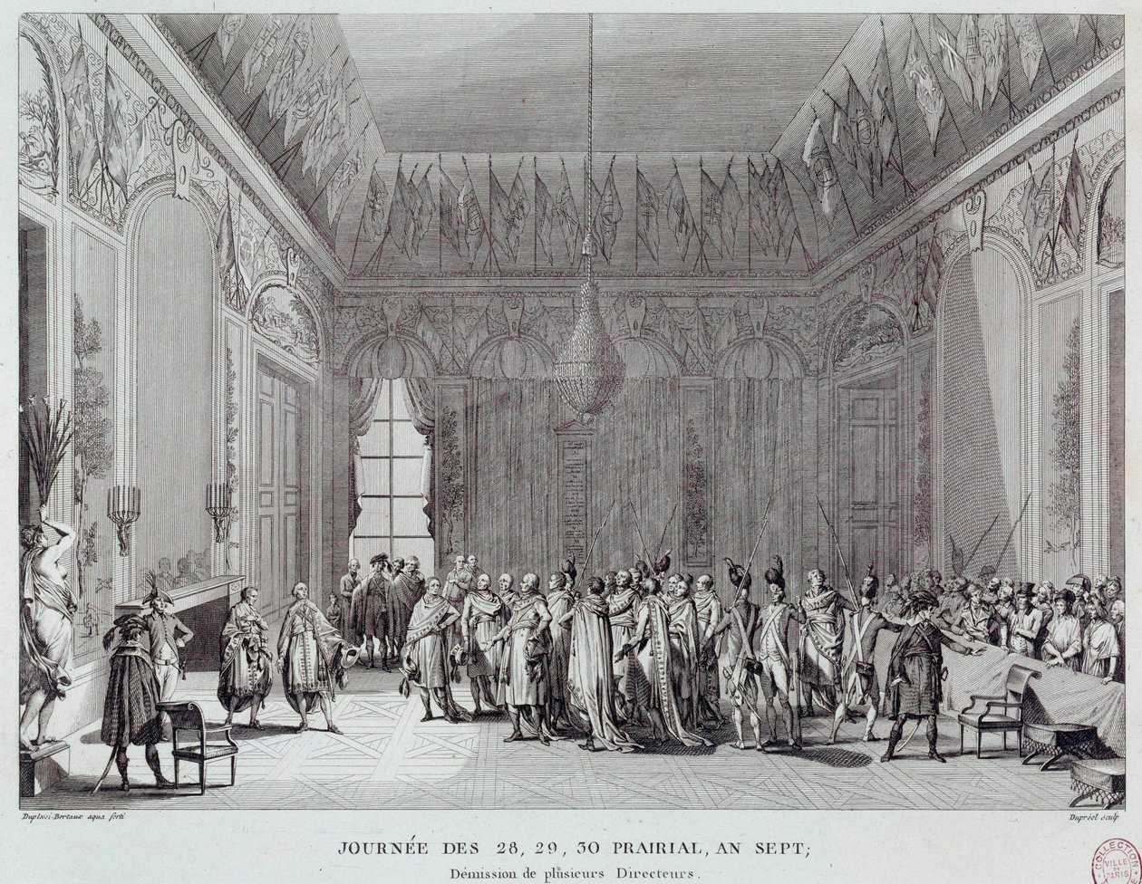 フランス革命：1799年6月18日、エマニュエル＝ジョセフ・シエイス師（1748-1836）のクーデター（または評議会の復讐）を引き起こし、テルミドール派の数人の長官が解任された7年目プレーリアルの28日、29日、30日の日。エングレーヴィング 作： フランス語学校