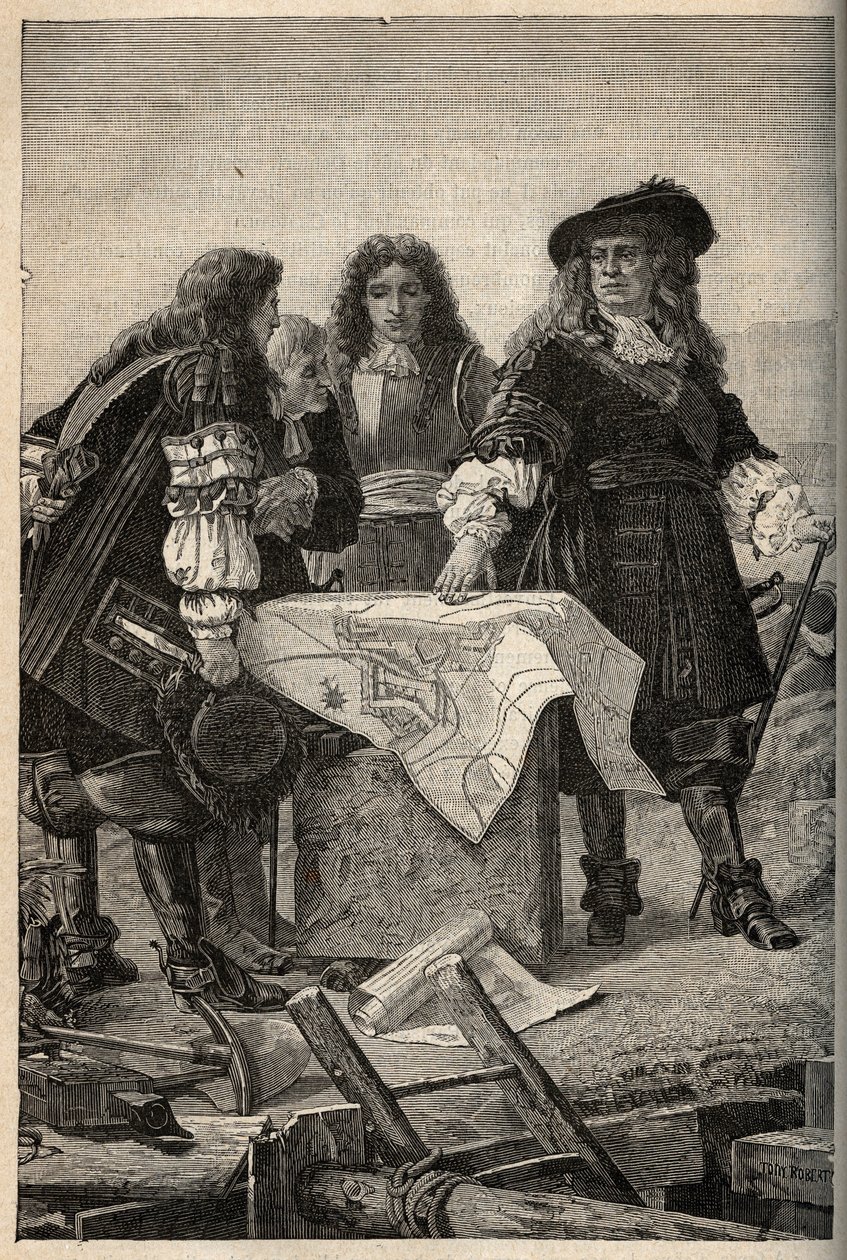 1687年、ルイ14世の要請により、フランス人建築家ヴォーバンがベルフォール（フランス東部）の要塞化計画を作成 - Sebastien Le Prestre de Vauban donnant les plans des fortifications de Belfort - engraving in "PATRIE" - DESCRIPTION PECTUREQU 作： フランス語学校