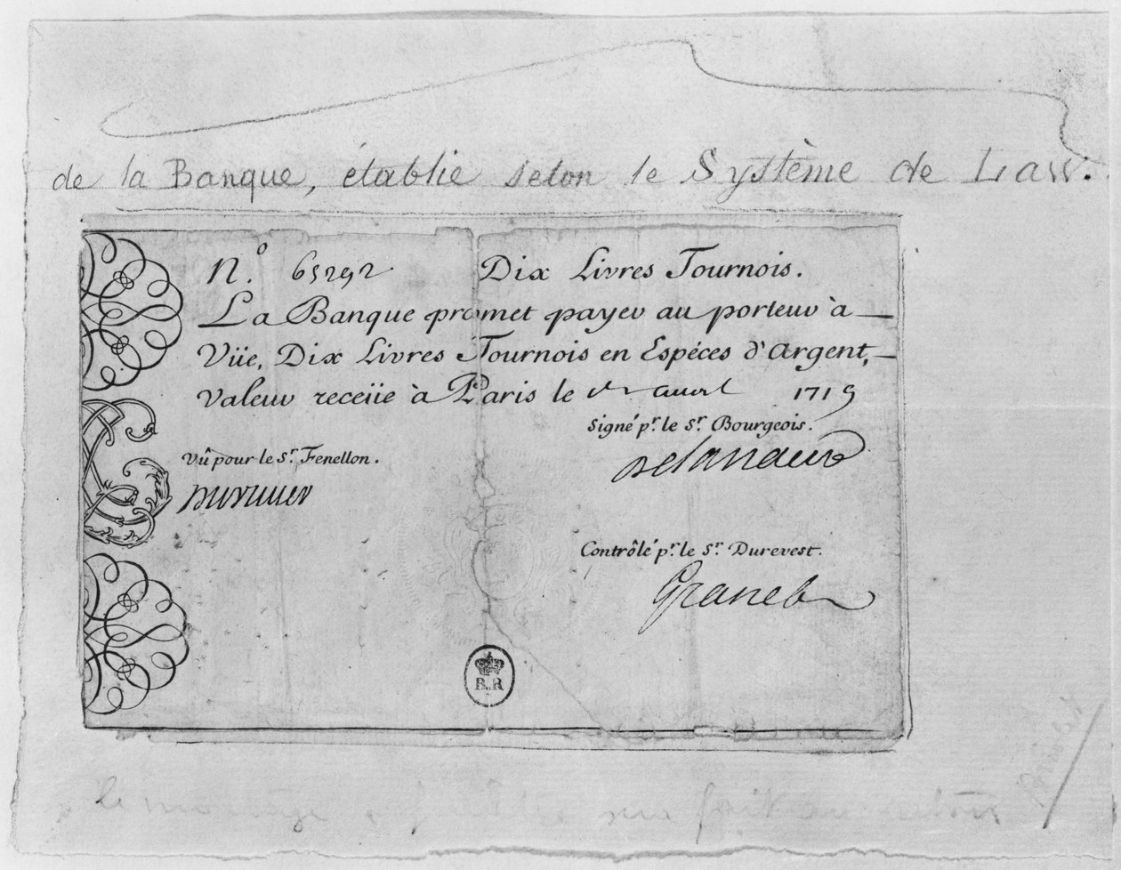 1719年4月1日付けのローバンクからの10ポンドのフランス紙幣 作： フランス語学校
