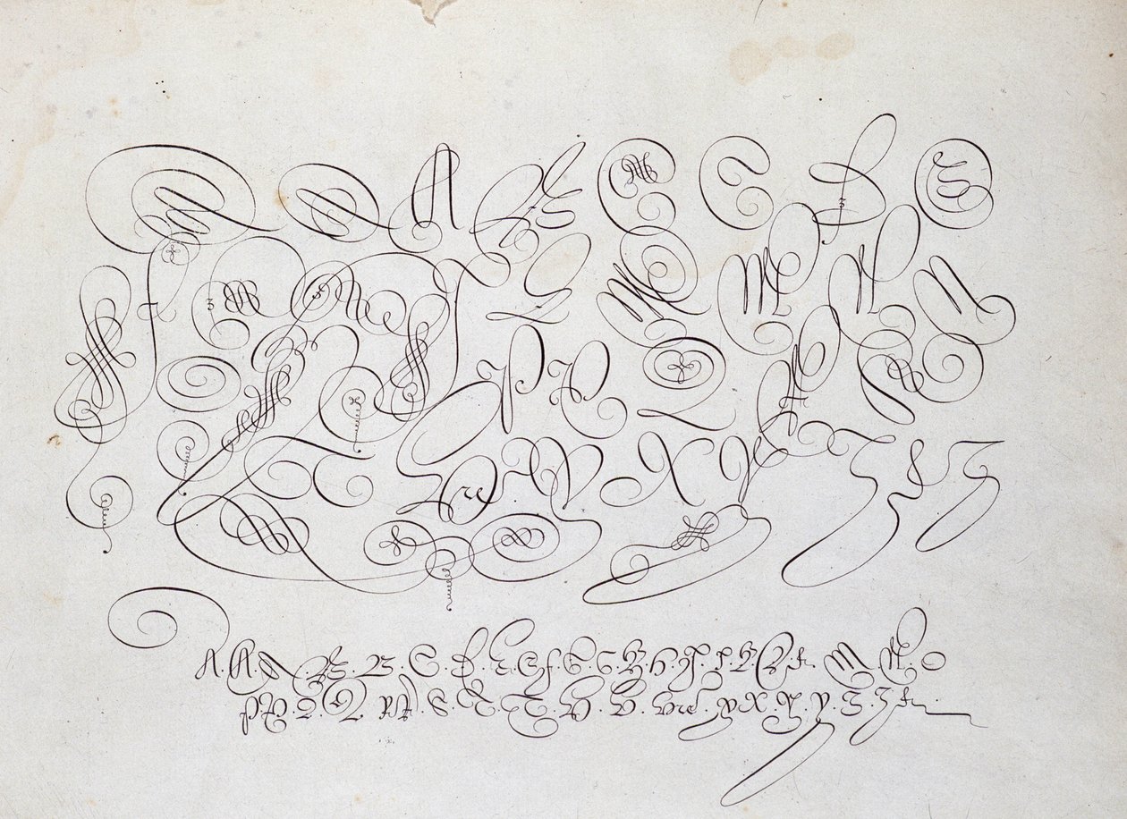 フランスのカリグラフィー。1600年頃、ロベール・ヴィニョンが書の庭で描いた王のカルコグラファー、フリシウスの版画、大文字のプレート。 作： フランス語学校