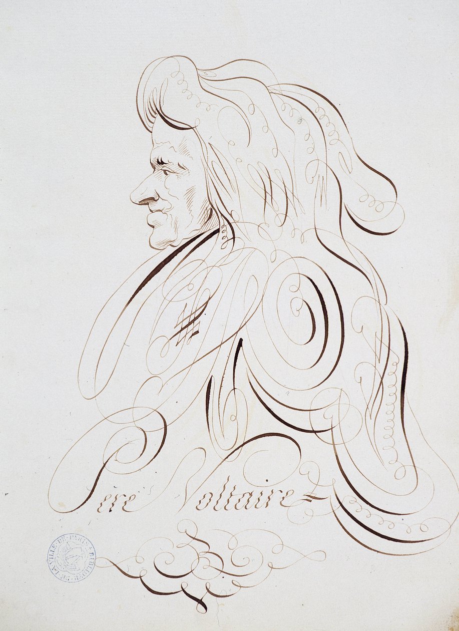 フランスのカリグラフィー。1780年頃、ベルナール・ド・パリが描いた父ヴォルテールの肖像。パリ市の歴史図書館。 作： フランス語学校