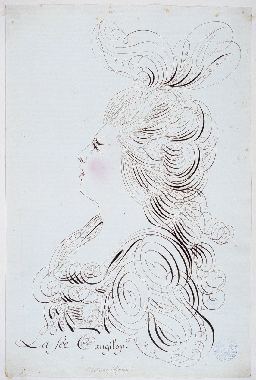 フランスのカリグラフィー。1780年頃、ベルナール・ド・パリが水彩で描いたポリニャック王女の顔を強調した肖像画。パリ市の歴史図書館。 作： フランス語学校