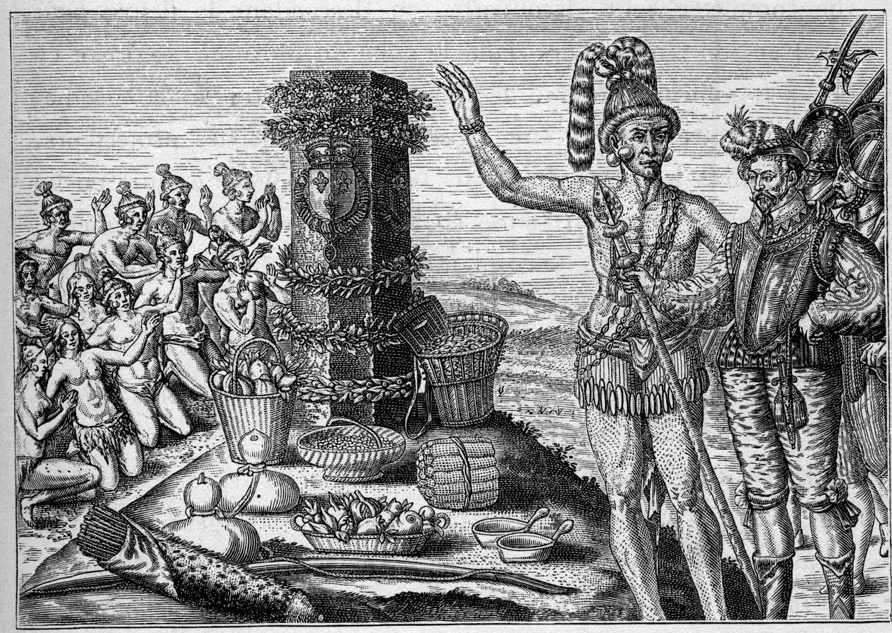 アメリカのフランス植民地。1564年にスペインがフランスのプロテスタント植民地を攻撃したことを記念して、ルネ・ド・ロドニエールが製作した記念柱が、フロリダの人々に愛されている。16世紀に描かれた版画より。"La Marine et les colonies: commerce "より 作： フランス語学校