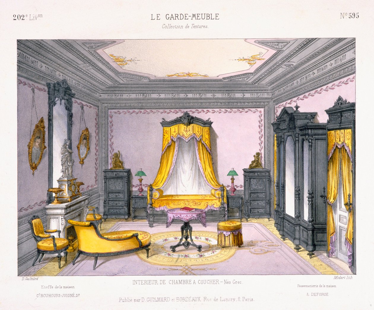 Le Garde-Meubleのパターンブックによるネオギリシャスタイルの寝室のインテリアのフランスのデザイン、Dギラード、パリ発行 作： フランス語学校