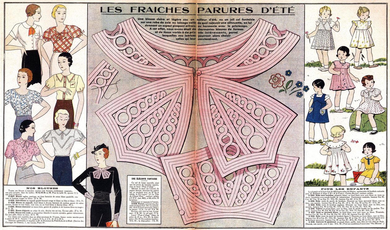1934年夏のフランスのファッション：フェミニンなファッション（ブラウス）と子供っぽいファッション（ドレスと衣装）。Le petit echo de la mode "では 作： フランス語学校