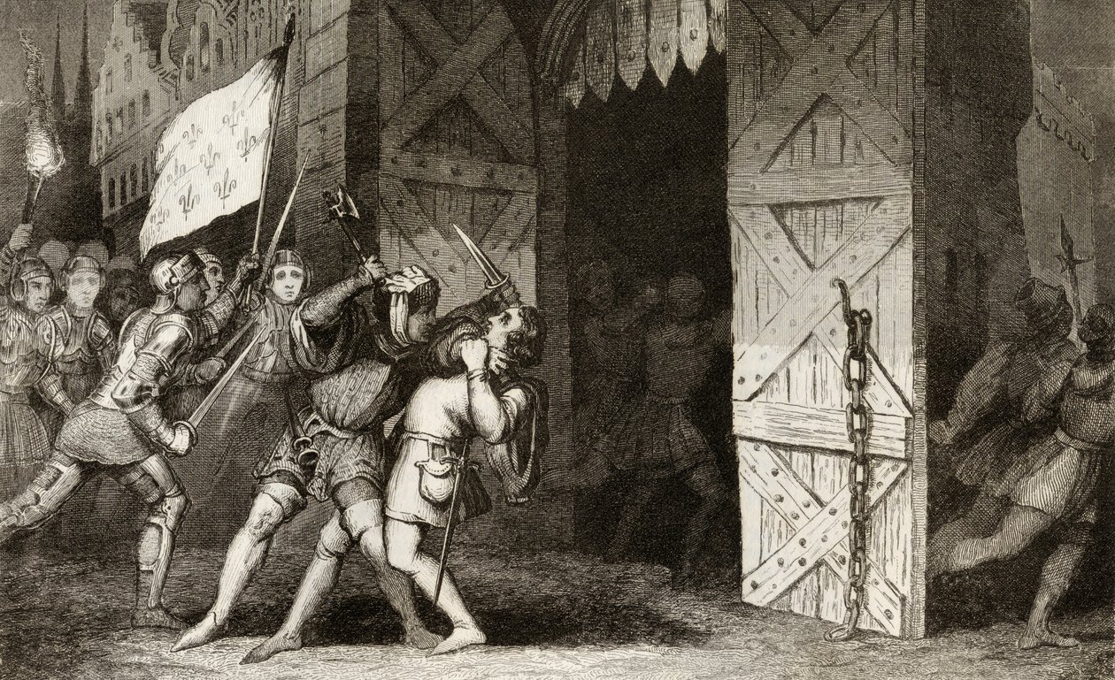 1840年頃に出版されたコラートの「フランスの歴史」から、フランスの騎士が100年戦争の間にイギリスが開催した都市を攻撃 作： フランス語学校