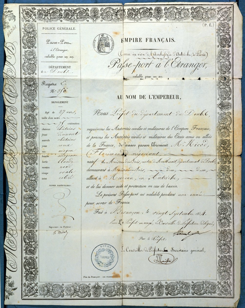 1854年9月20日、ブザンソンからのフランスのパスポート 作： フランス語学校