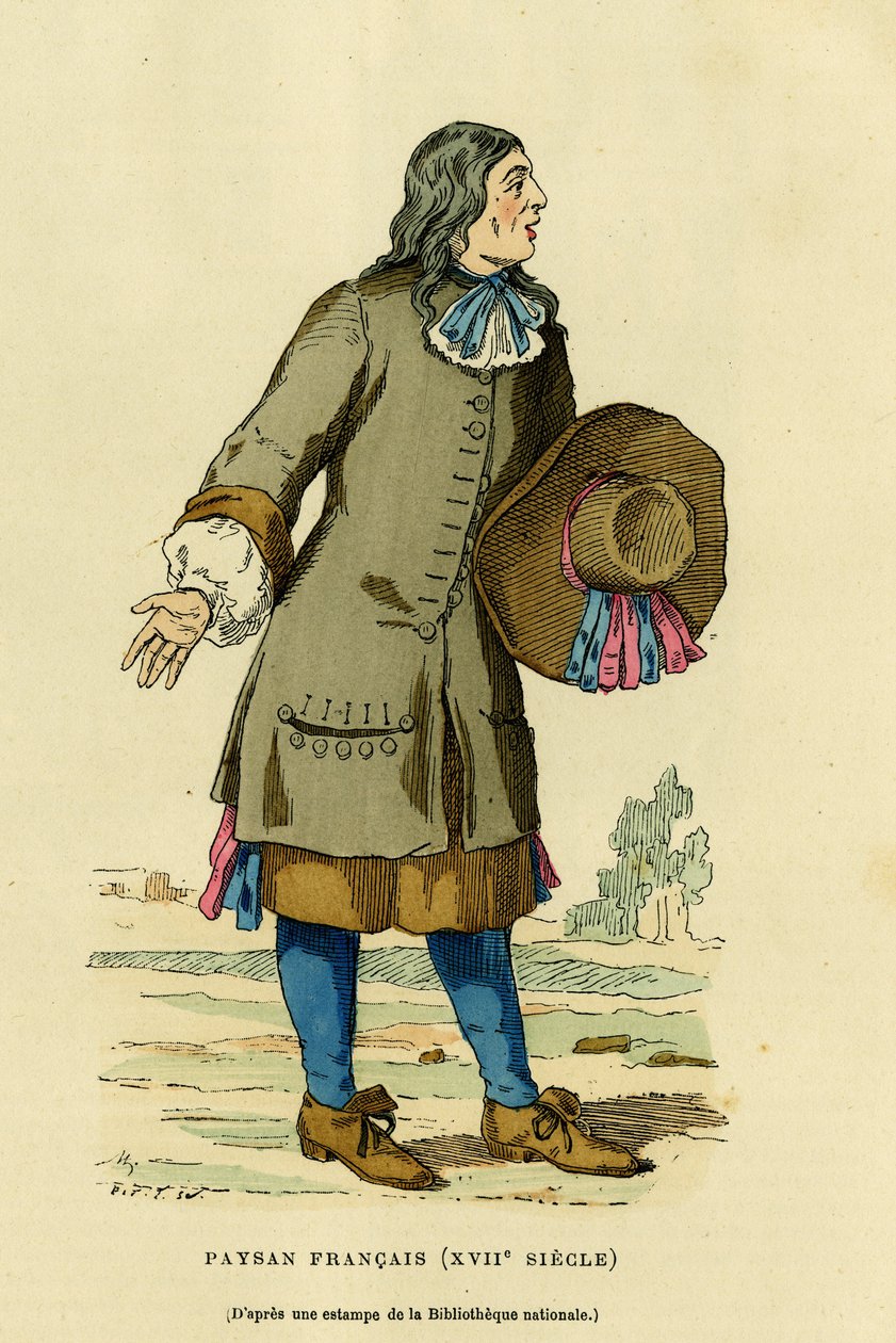 18世紀のフランスの農民の衣装。1882年にパリで出版されたオーギュスタン・チャラメル著『France et les francais a travers les centuries』（F.Roy編集）に掲載されている国立図書館のプリントをもとにしたカラーのエングレーヴィング。セルバ・コレクション。 作： フランス語学校