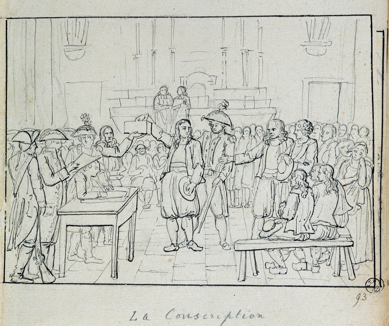 フランス革命：1793年のブルターニュ地方の徴兵風景。パリ、カルナヴァレ美術館（Musee Carnavalet 作： フランス語学校