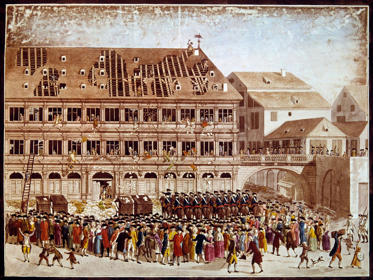 フランス革命：1789年7月20日、ストラスブール市庁舎の略奪。匿名のプリント。パリ、B.N. 作： フランス語学校