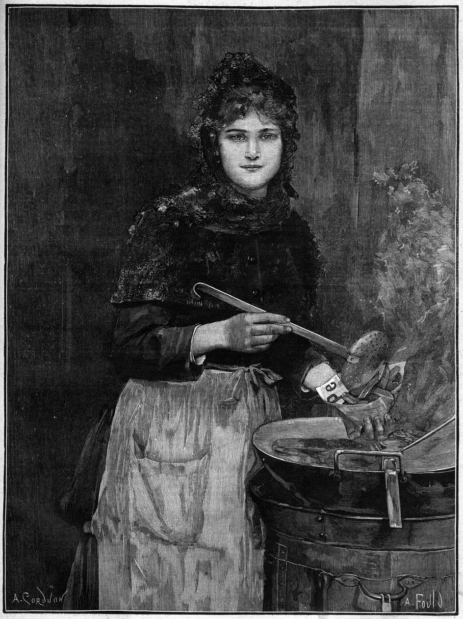 フライドポテトの販売店。1888年、アキレス・フォアルドの絵からの彫刻。 作： フランス語学校