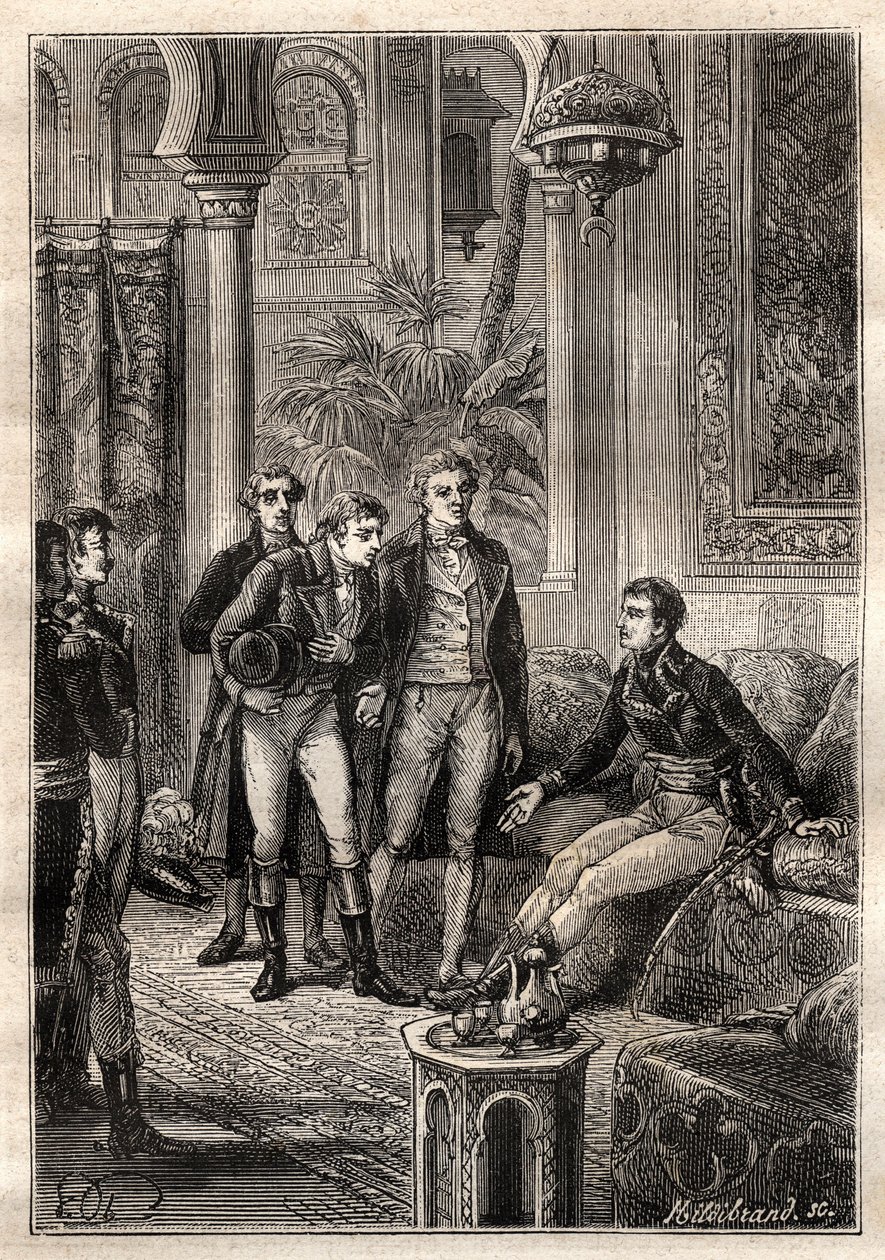 フリードリヒ・コンラッド・ホルネマン（1772-1801）は、1797年にカイロでガスパール・モンジュ（1746-1818）とクロード・ルイ・ベルトレ（1748-1822）の立ち会いのもと、ナポレオン・ボナパルトと面会した-イラストは "The Great Mariners of 18 century "より引用 作： フランス語学校