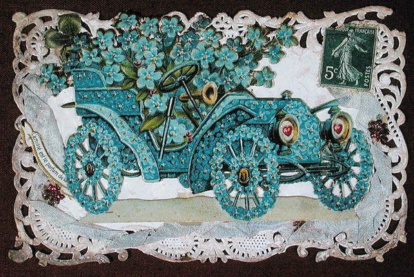 花で覆われた車が描かれた友情のグリーティングカード 20世紀初頭（カラーリトグラフ） 作： フランス語学校