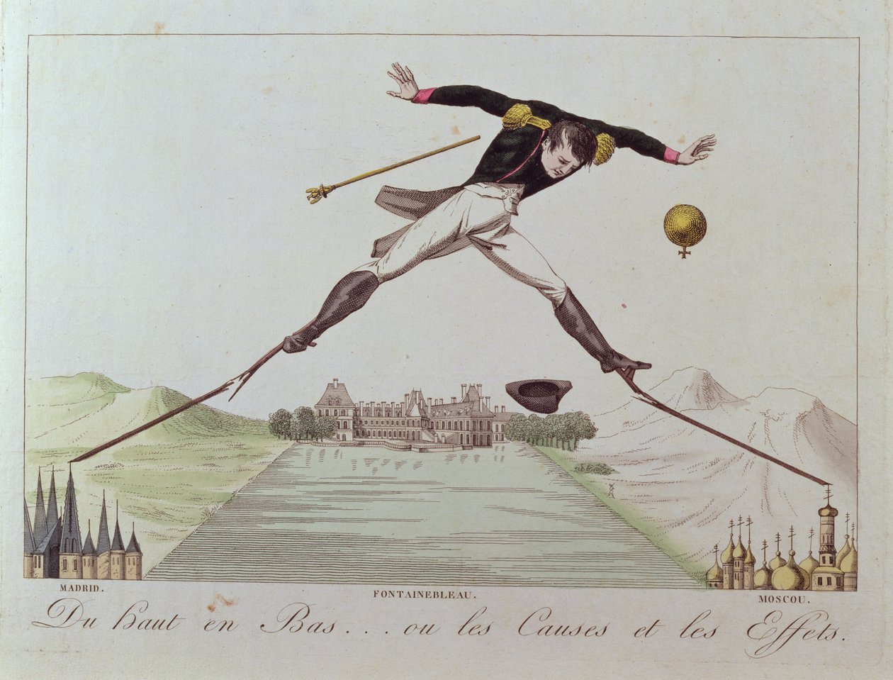 高から低へ...または原因と影響、ナポレオンの外交政策の似顔絵、c.1814 作： フランス語学校