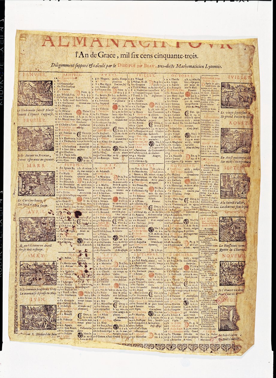 1653年のアルマナックの表紙（紙にインク） 作： フランス語学校