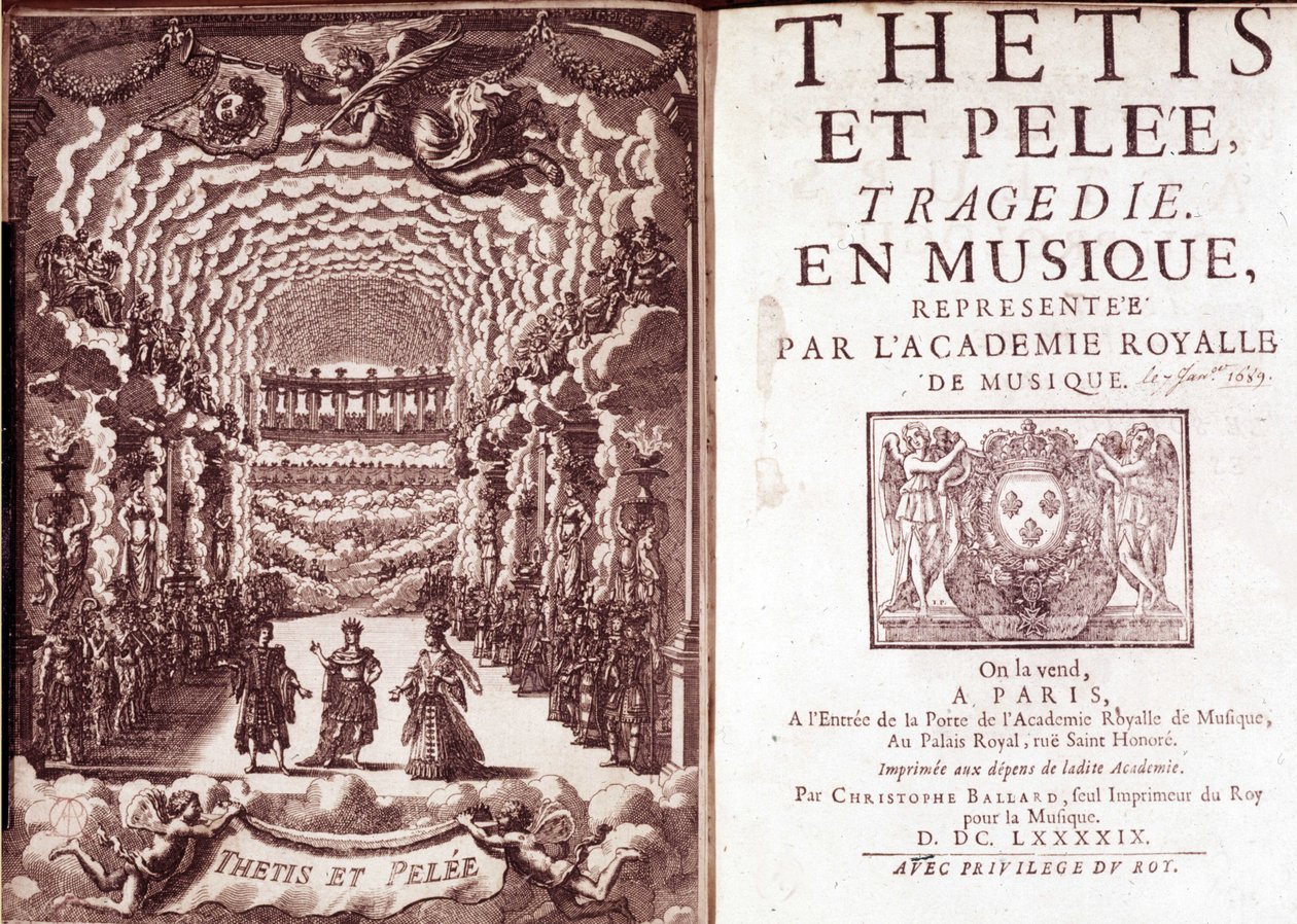 "Thetis and Pelee tragedie in music represented by Royal Music Academy "の扉。 作： フランス語学校