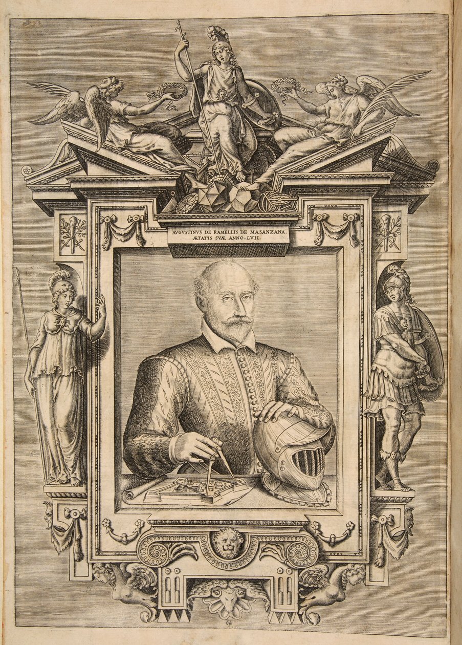 Le Diverse Et Artificial Machine Del Capitano Agostino Ramelli、pub の口絵。 エングラ1588 作： フランス語学校