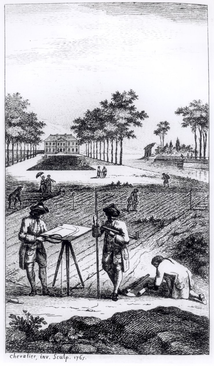 パリで1766年に出版されたDupain de Montesson（c.1720-90）によるLa Science de lArpenteurのFrontispiece 作： フランス語学校