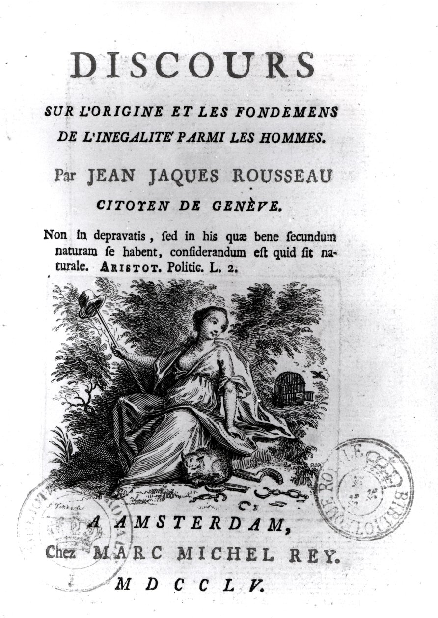 ジャン・ジャック・ルソー（1712-78）c.1755による男性の不平等の起源と基礎に関するスピーチへの口絵 作： フランス語学校