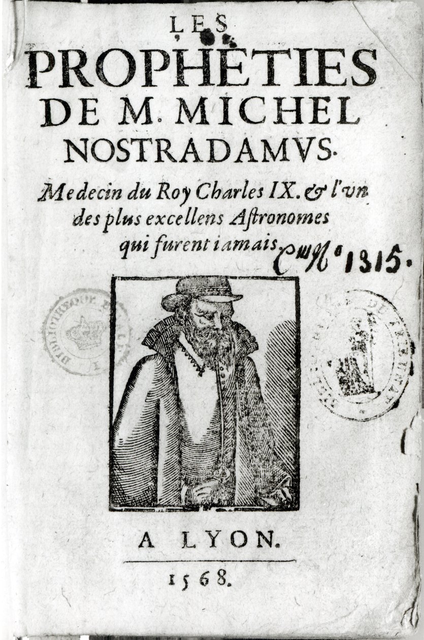 リヨン1568年に出版されたノストラダムスの肖像画を含むレプロフェティドM.ミシェルデノストラダムス（1503-66）の口絵 作： フランス語学校