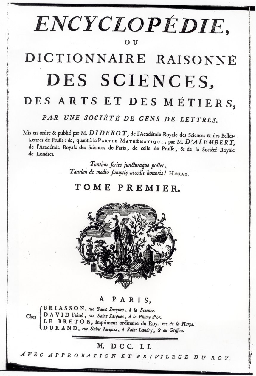 1751年にパリで出版されたデニスディドロ（1713年から84年）による科学、芸術、工学の百科事典への口絵 作： フランス語学校