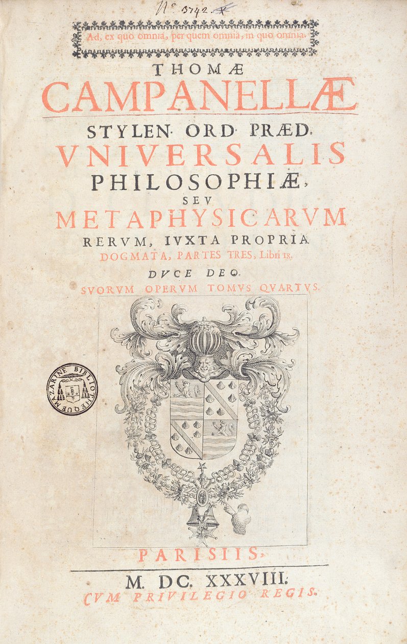 1638年にパリで出版されたTommaso Campanellaによる普遍的な哲学への口絵 作： フランス語学校