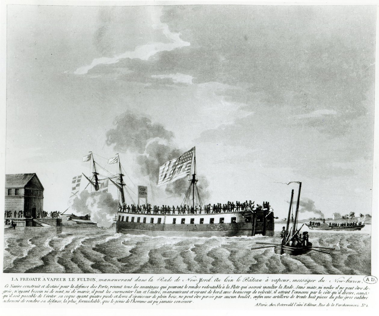 1812年の戦争でニューヨークを防衛するためにロバートフルトンによって設計および製造されたフルトンスチーム駆動の軍艦、フルトンザファースト（19世紀初めの彫刻のbw写真） 作： フランス語学校