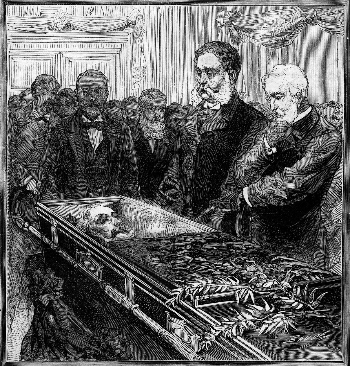 アメリカ大統領ジェームズ・エイブラム・ガーフィールド（1831-1881）の葬儀。ワシントン議事堂のドームの下で棺の前に立つ、後任のチェスター・アラン・アーサー（1830-1886）とブレイン長官。Le Monde Illustré "の1282号に掲載された図版 作： フランス語学校