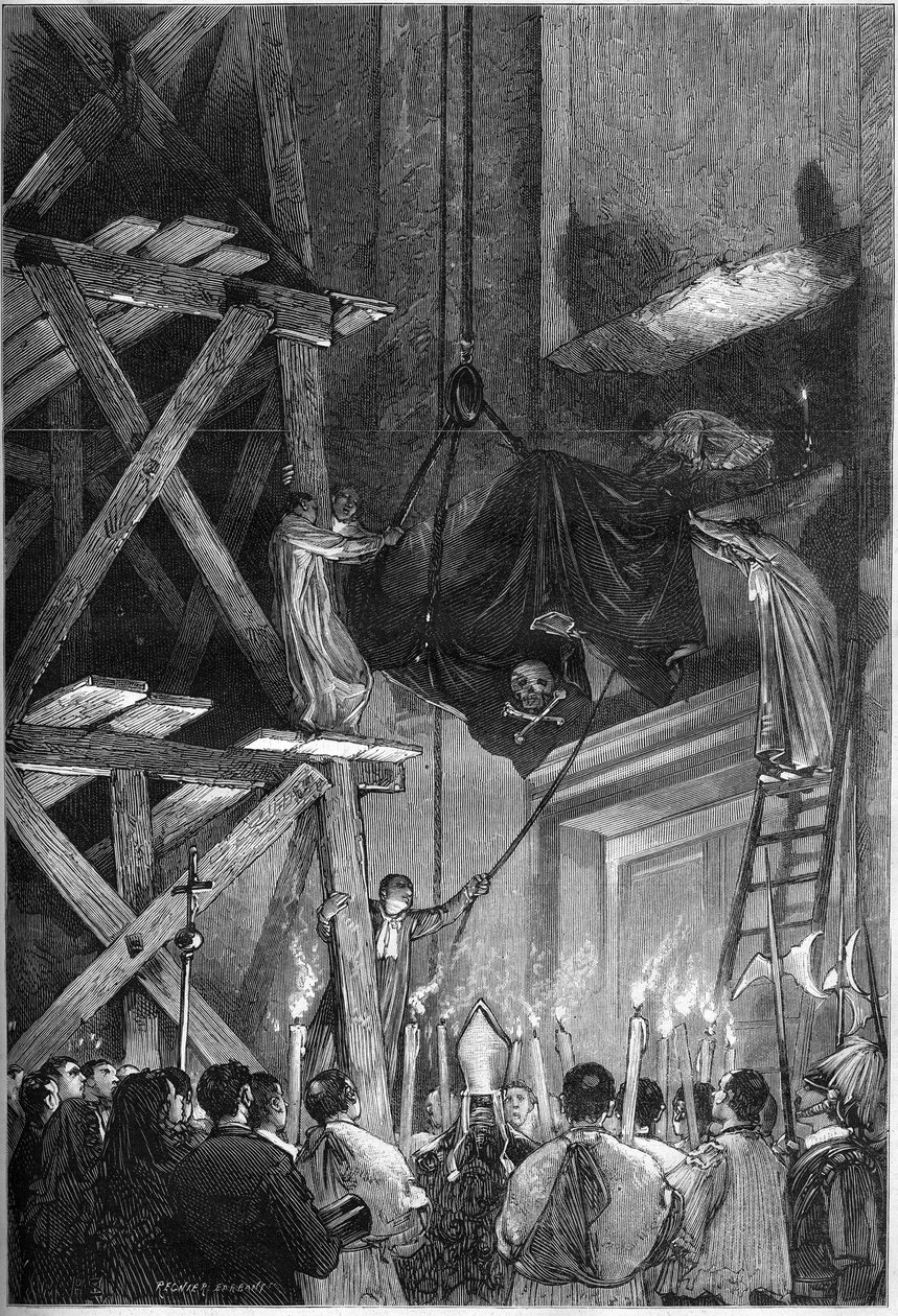 教皇ピウス1世（ピオ）（1792-1878）の葬儀：ローマのサン・ピエトロ大聖堂に遺体を埋葬する様子。1878年3月9日付「Le Monde Illustré」1093号に掲載されたエングレーヴィング。 作： フランス語学校