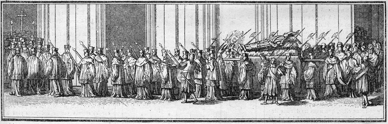 18世紀の教皇の葬儀：ローマのサン・ピエトロ教会に運ばれる教皇の遺体。Histoire des religions」に掲載されている図版。 作： フランス語学校