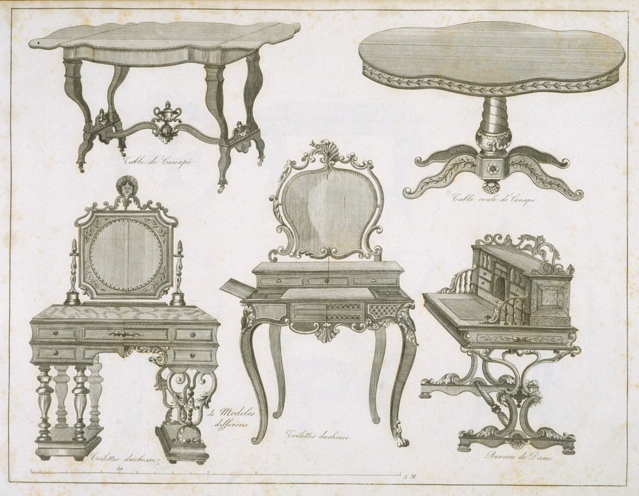 Lefevre-Chauveauxによる家具デザイン、アルバムDessins de Meublesによる白黒の彫刻 作： フランス語学校