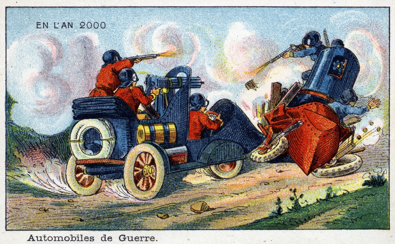 Futuredays:19世紀の2000年のビジョン - シリーズ「2000年に」。戦争の自動車。ヴィレマールのクロモリトグラフ 作： フランス語学校