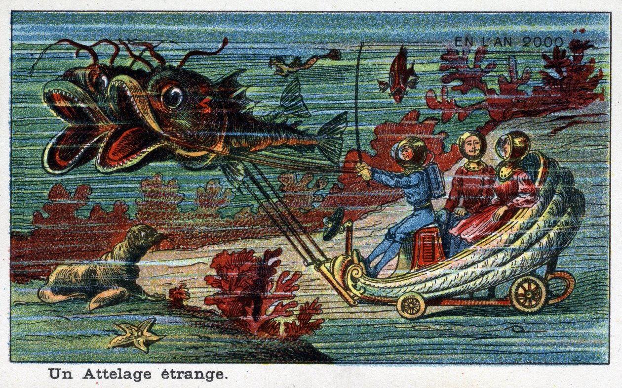 Futuredays:19世紀の2000年のビジョン - シリーズ「2000年に」。奇妙なヒッチ（海中の魚が描くタンク）。ヴィレマールのクロモリトグラフ 作： フランス語学校