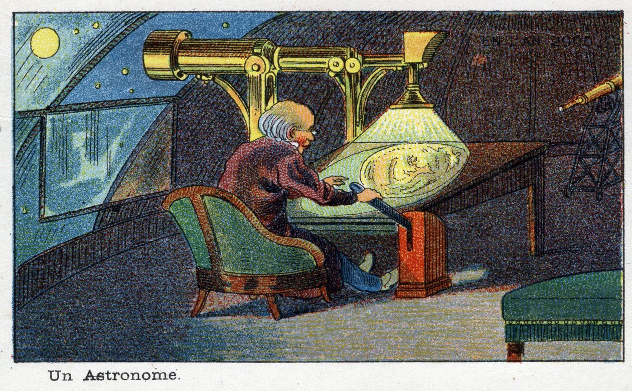 Futuredays:A Nineteenth Century Vision of the Year 2000 シリーズ。天文学者（特定の望遠鏡を使って仕事をする人）。ヴィレマールのクロモリトグラフ 作： フランス語学校
