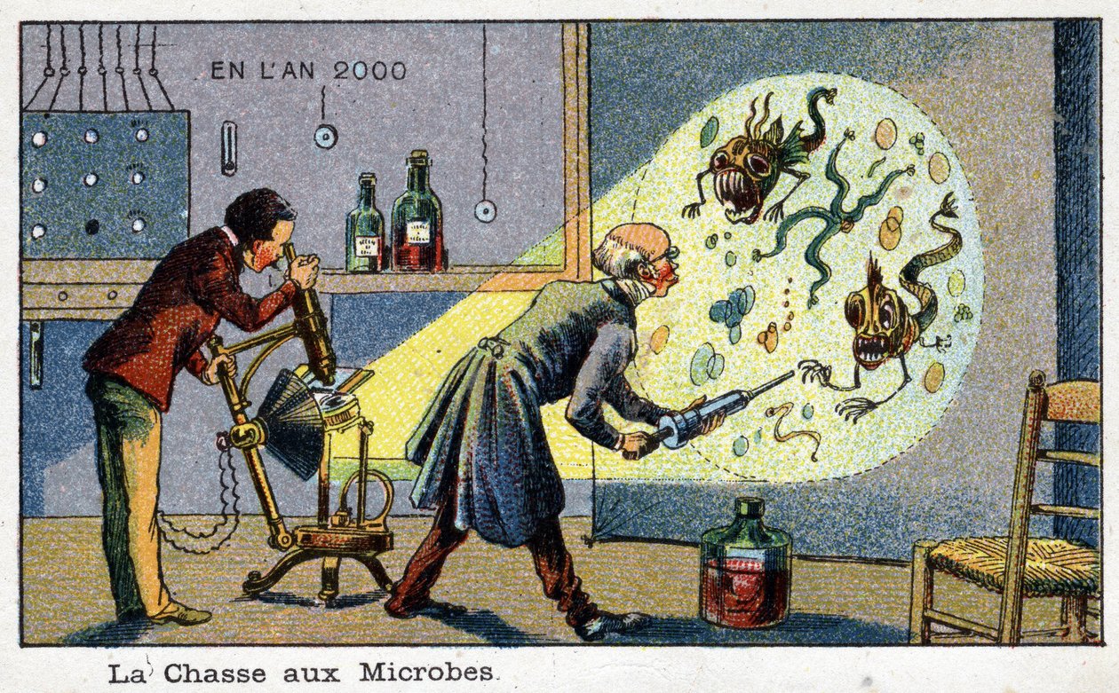 Futuredays:19世紀に描かれた2000年のビジョンシリーズ。The Hunting of Microbes（2人の科学者が機械を使って拡大した微生物を除去している様子ヴィレマールのクロモリトグラフ 作： フランス語学校