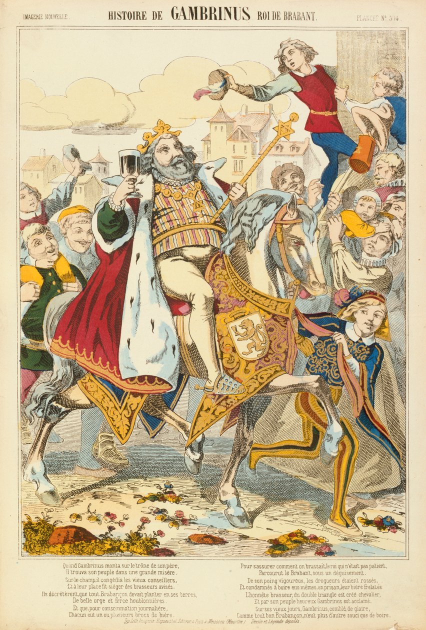 フランダースの伝説的な王、ガンブリウヌス、ブロードシート、Verlag Haguenthal、Pont-a-Mousson、1860年 作： フランス語学校