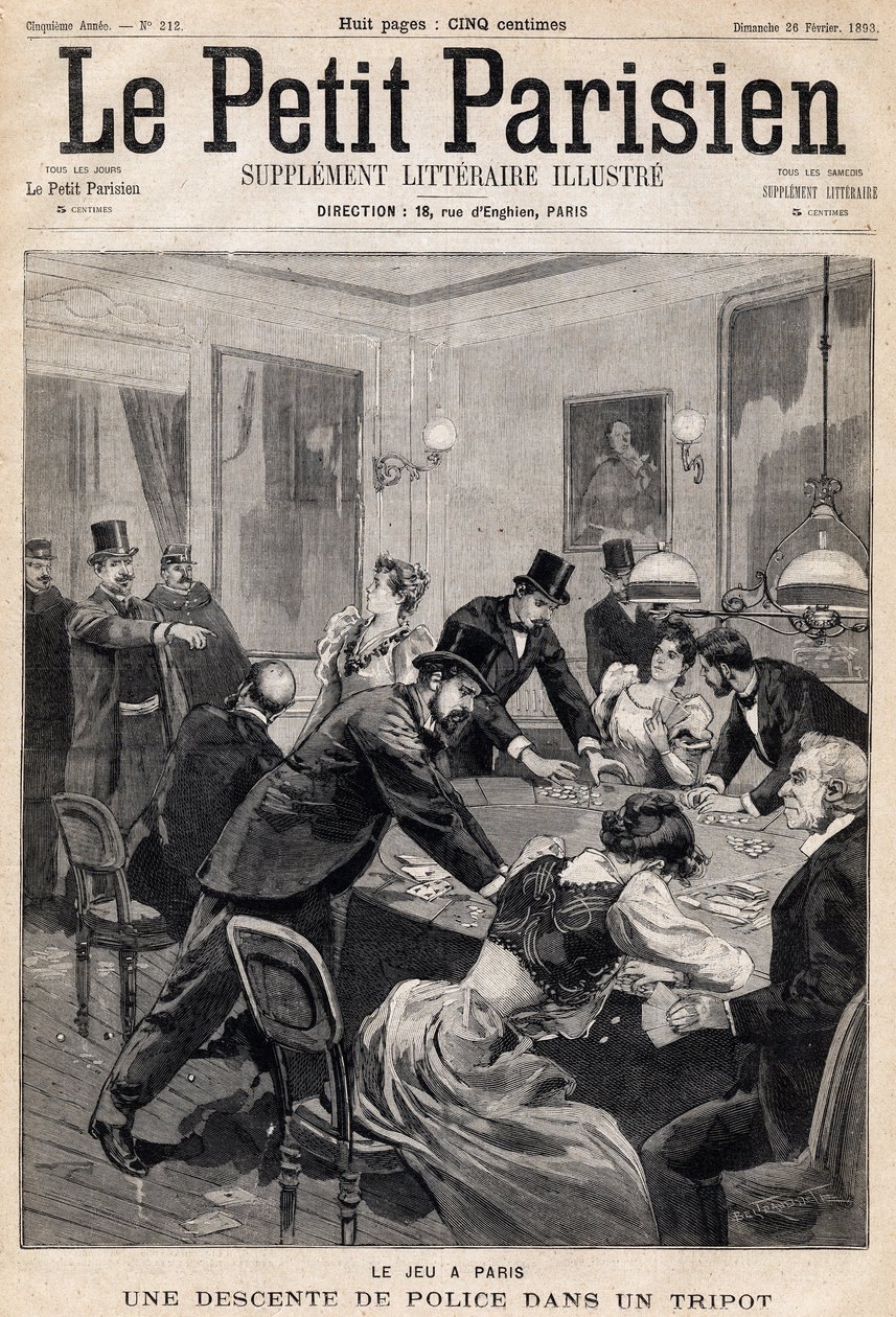 パリのゲームハウス。賭博場（カジノ）に入った警察の手入れ。1893年2月26日の新聞 "Le Petit Parisien "に掲載された1枚（エングレービング 作： フランス語学校