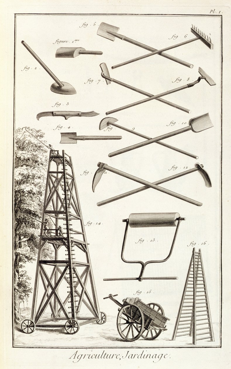 Denis Diderot（1713-84）によるEncyclopedie des Sciences et Metiersのガーデニングツールとモバイルプルーニングプラットフォーム、c.1770公開 作： フランス語学校