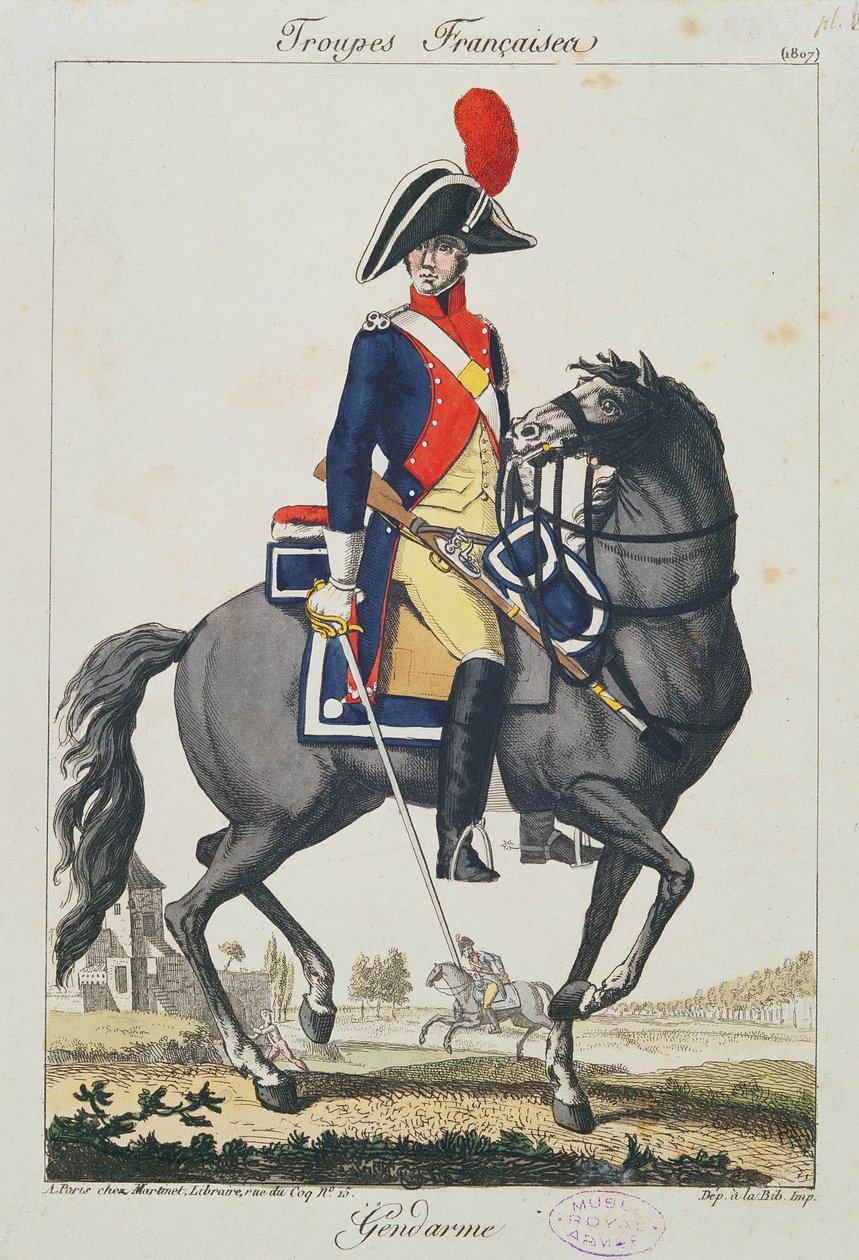 馬に取り付けられたジャンダルメ、1807年（カラー彫刻） 作： フランス語学校