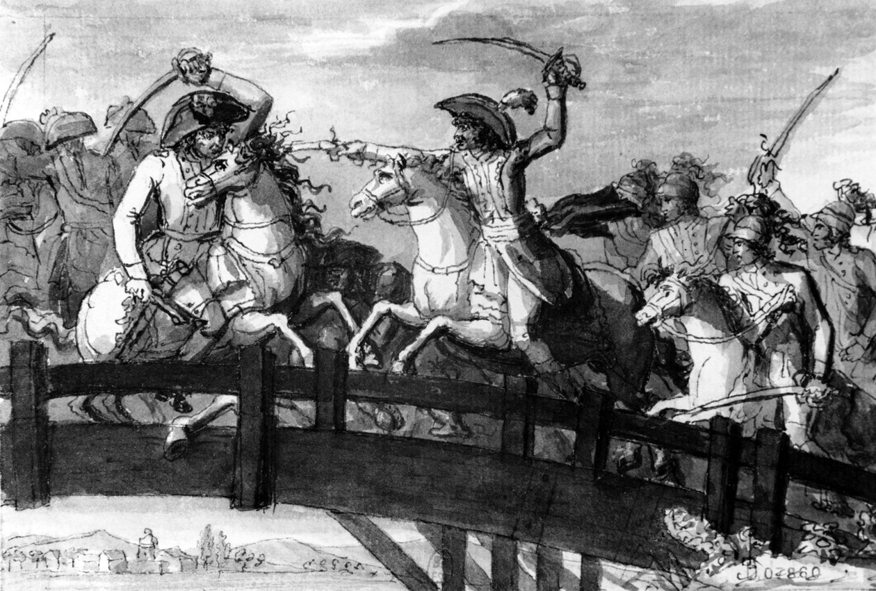 チロルのHoratius CoclesであるAlexandre Dumas将軍。 1797年、クラウゼン橋でオーストリアの3人の敵を単独で殺害、1797年頃（ガッシュ） 作： フランス語学校