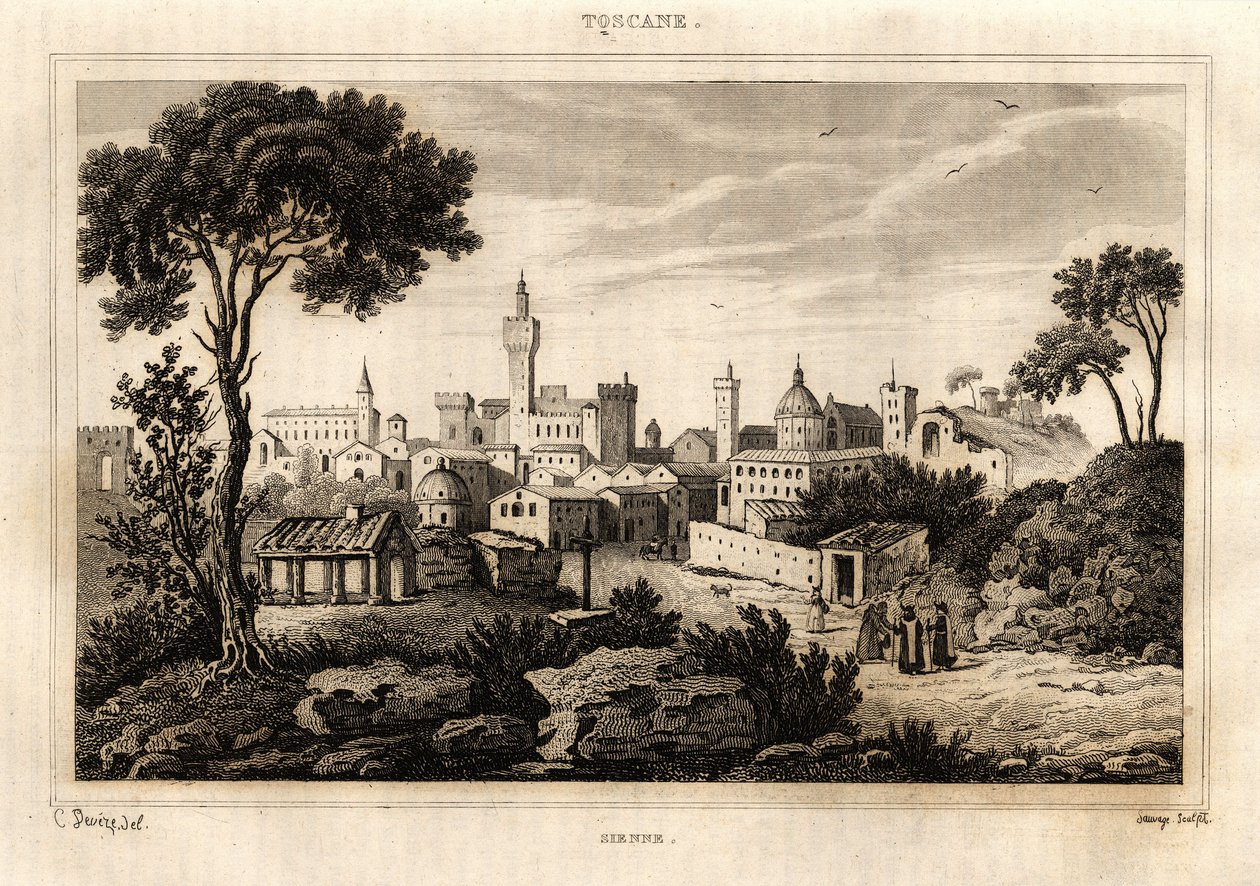 トスカーナ地方のシエナ（Siena）の全景、C. Devezeによる「Italy picturesque」の彫刻、Amable Coste編集者 作： フランス語学校