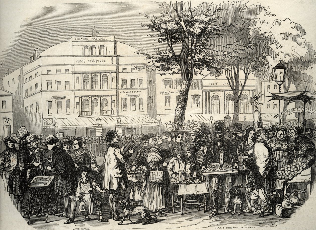 Vue générale du boulevard du Temple - Merchants ambulants - Edmond Texier 1852年の "Tableau-de-Paris "のエングレーヴィング。 作： フランス語学校