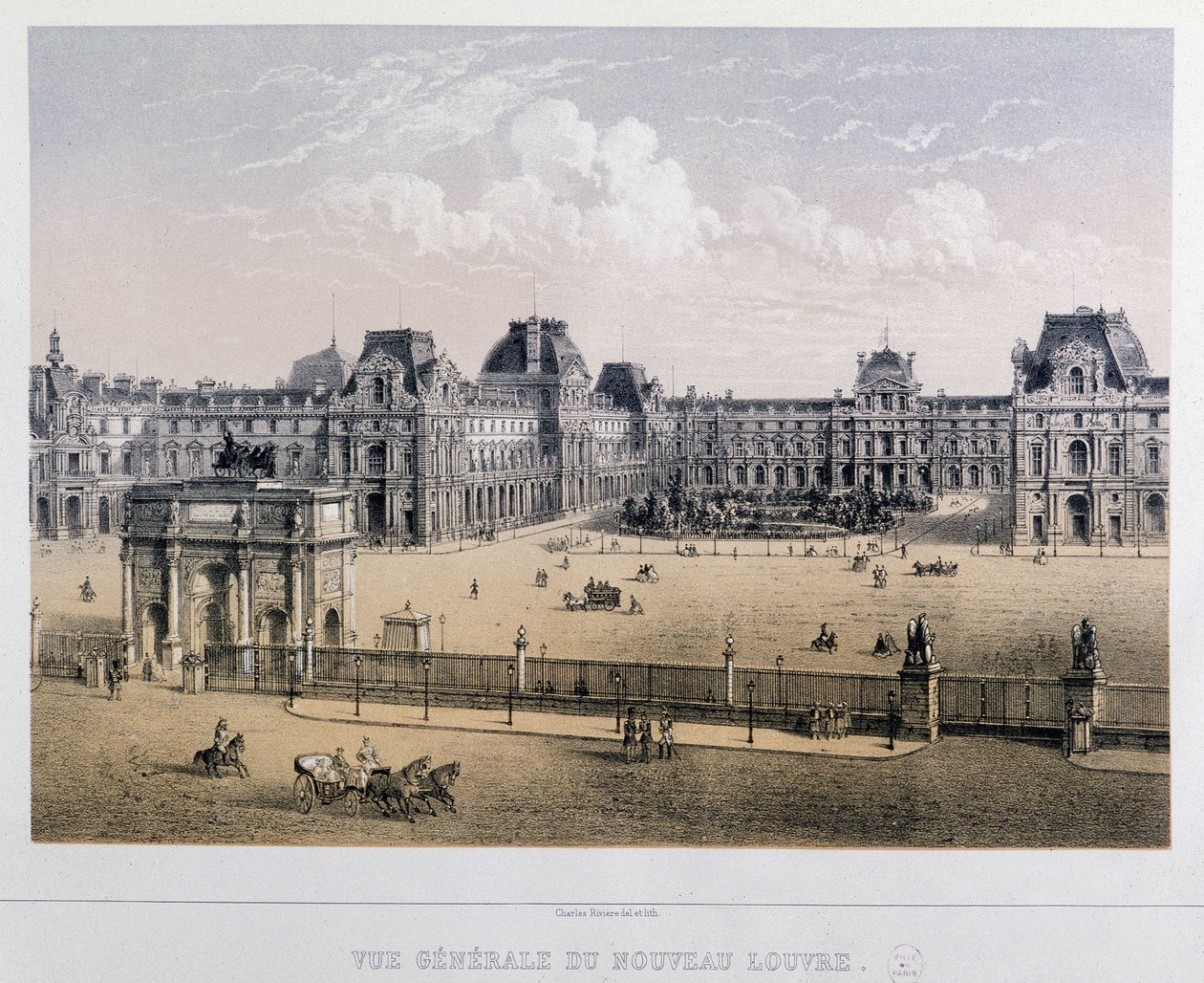 新生ルーヴル美術館の全景。Arc du Carrousel - 19世紀のエングレービング。 作： フランス語学校