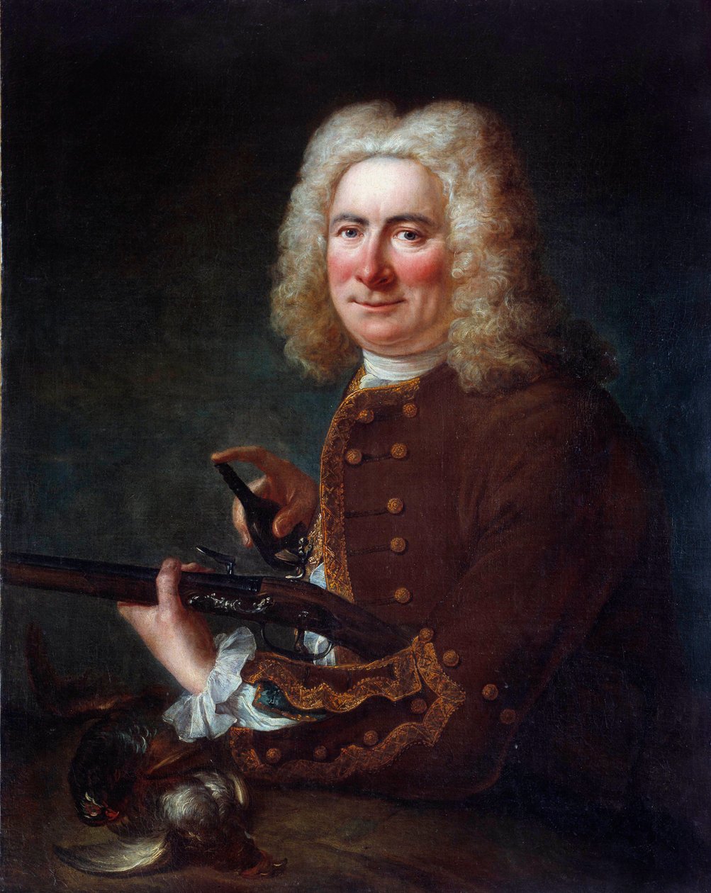 フリント・ライフルを持つ紳士18世紀の匿名の絵画。Gien, Musee de la chasse - 火打ち石の銃を持つ紳士。18世紀の匿名の絵画。フランス、ジエン、狩猟博物館 作： フランス語学校