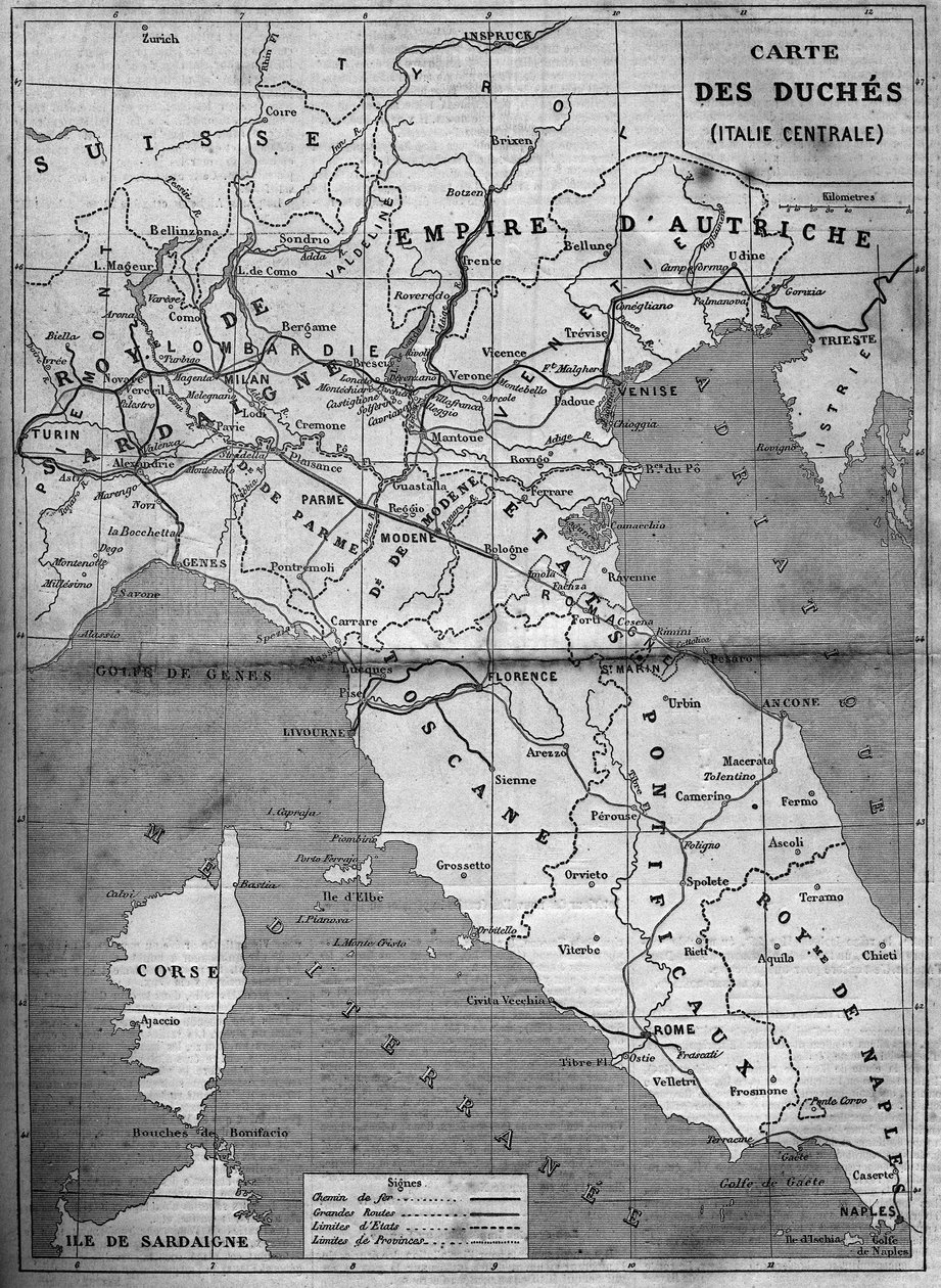 1860年の中央イタリア公国の地理的地図。1860年1月7日付「Le Monde Illustré」143号に掲載された図版。 作： フランス語学校